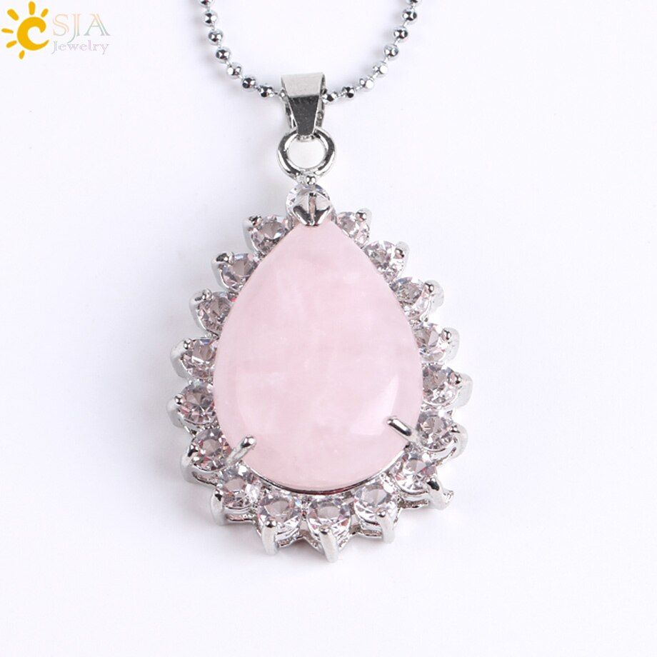 CSJA Reiki Natural Gem Stone Water Drop Necklace Pendants Purple Pink Quartz Lapis Lazuli Tiger Eye Opal Rhinestone Jewelry E829