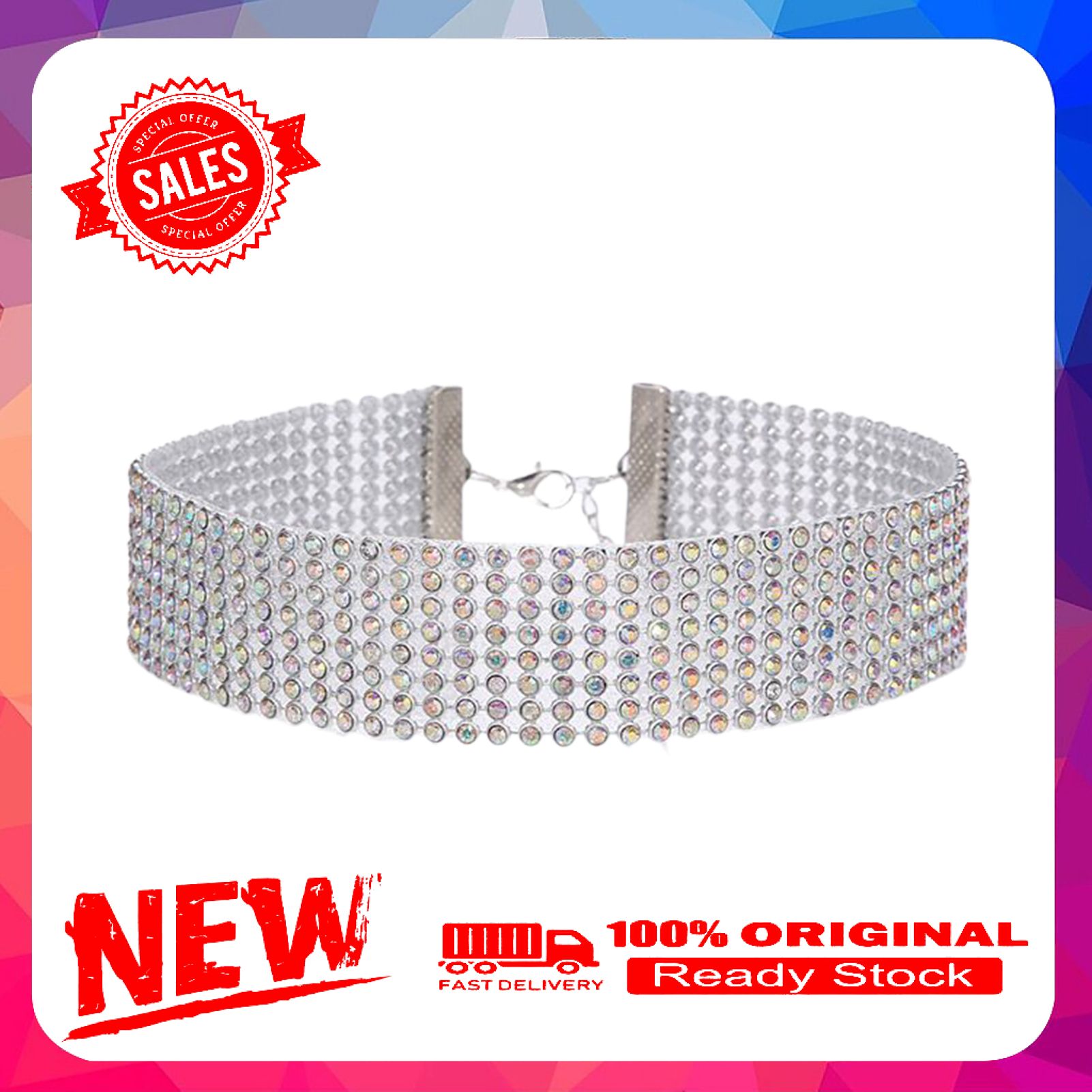 Adjustable Wide Alloy Choker Collar Inlay Rhinestone Hip Hop Choker Necklace Fashion Jewelry
