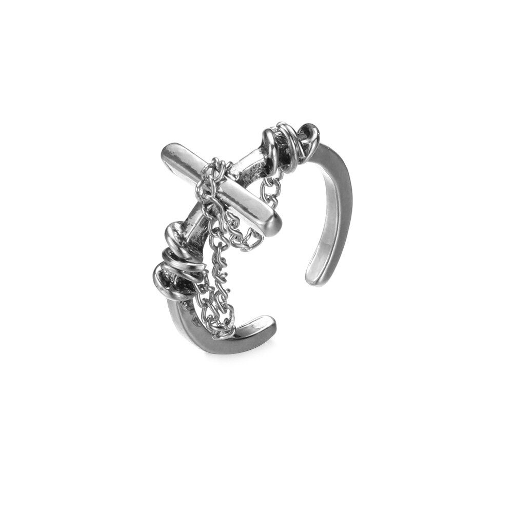 Metal Punk  Chain Cross Open Rings Vintage Belt Buckle Design Finger Rings for Women Men Party Jewelry Gifts