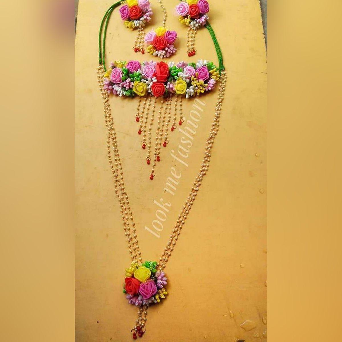 Artificial Flower Jewellery. Set 4 Part-Necklace, Earrings, Chokar& Tikli Bridal/Holud/Boishakh Fashion For Women