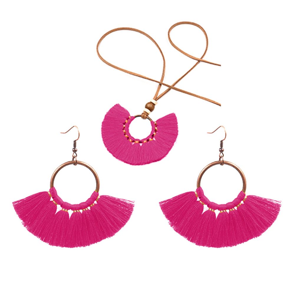 Bohemian Women Round Pendant Fringe Tassel Rope Necklace Earrings Jewelry Set