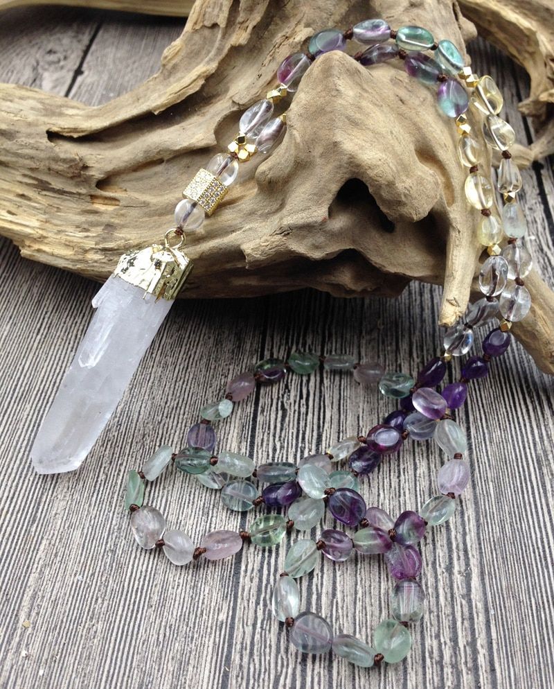 YA2830 Natural Quartz Pendant Fluorite Quartz Irregular Nugget Beads Knot Handmade Necklace