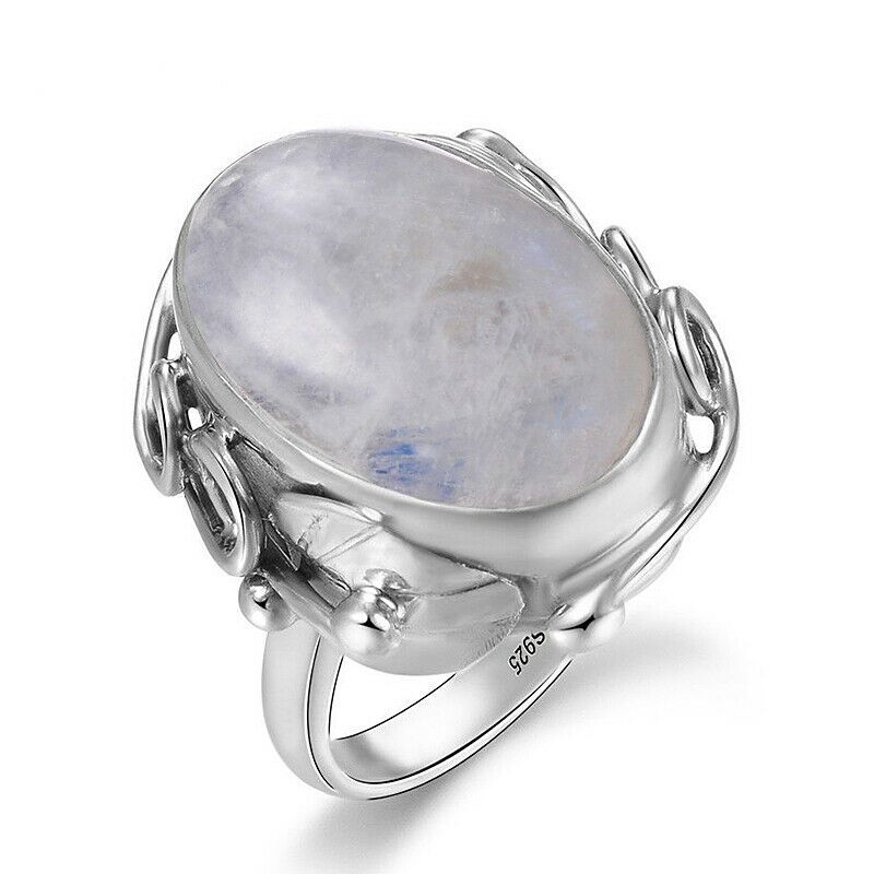 CiNily Natural Moonstone Rings For Men Women's Silver Plated Jewelry Ring With Big Stones Oval Gems Gifts Size 6-12