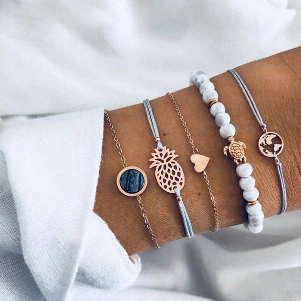 4Pcs/ Set Bohemian Heart-Shaped Love Tassel Bracelets for Women Boho Jewelry Gem Geometric Beads Charm Bracelet