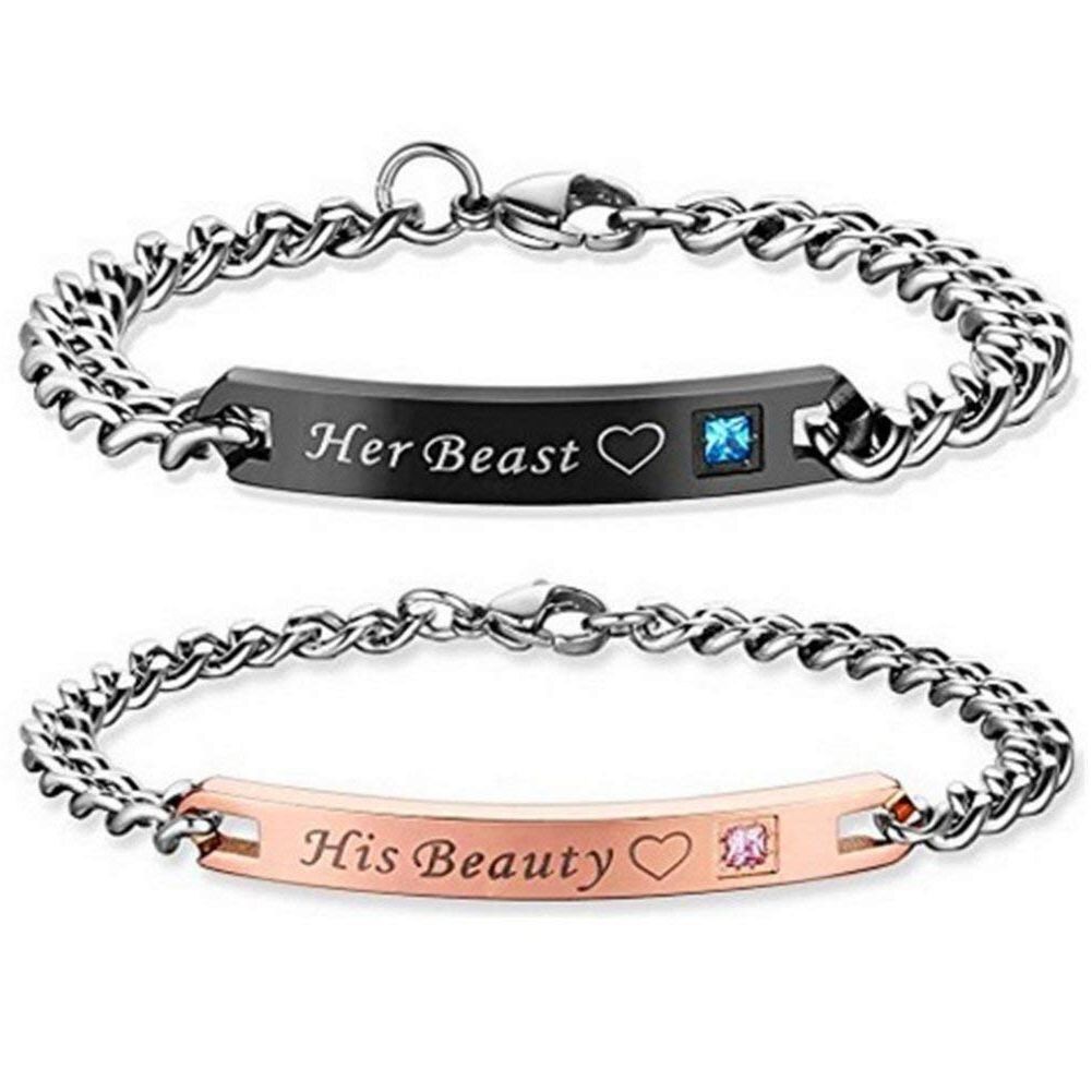 His Beauty Her Beast Alloy His and Her Bracelet Matching Cuban Link Chain Women Men Bracelets (His Beauty Her Beast)