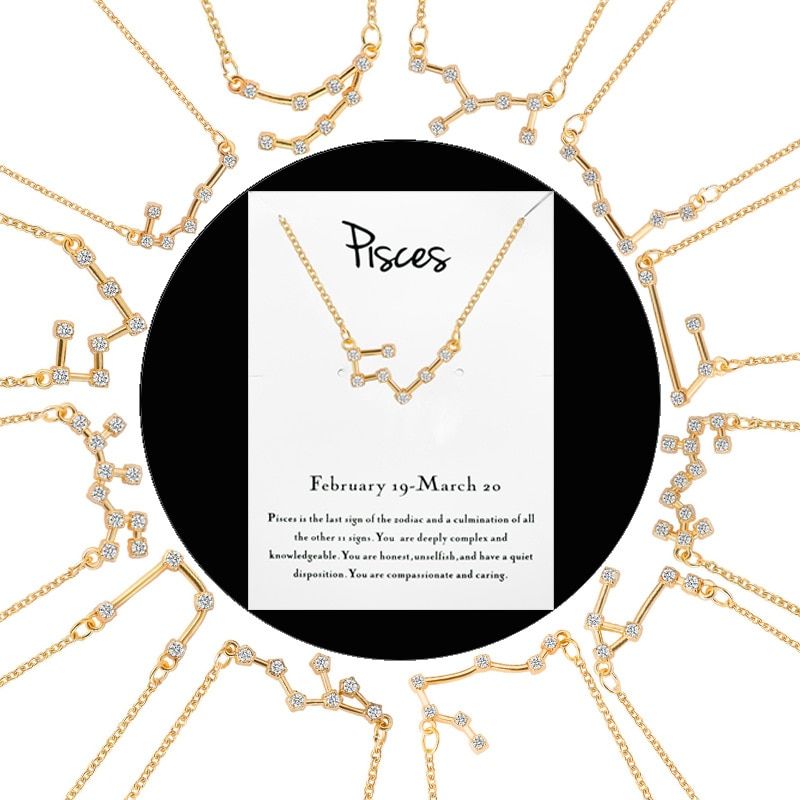 Chandler Alloy 12 Zodiac Sign Necklace & Pendant Cubic Zircon Astrology Constellation Star Clavickle Chain Colier Birthday Gift