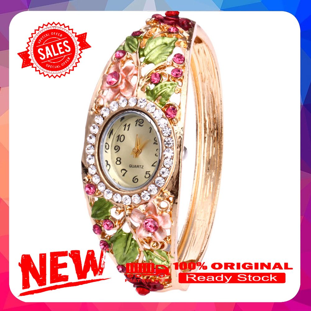 Women Rhinestone Flower Bracelet Bangle Oval Dial Analog Quartz Wrist Watch