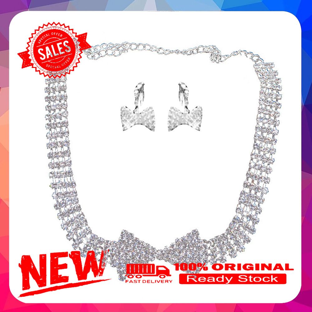 Shiny Rhinestone Bowknot Clip/Stud Earrings Necklace Bridal Wedding Jewelry Set