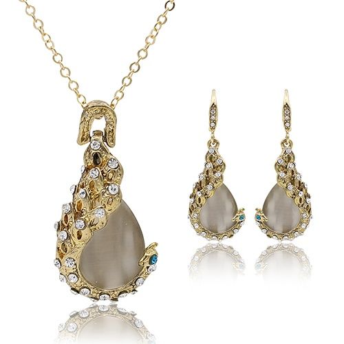 Women's Rhinestone Opal Waterdrop Pendant Necklace Earrings Wedding Jewelry Set