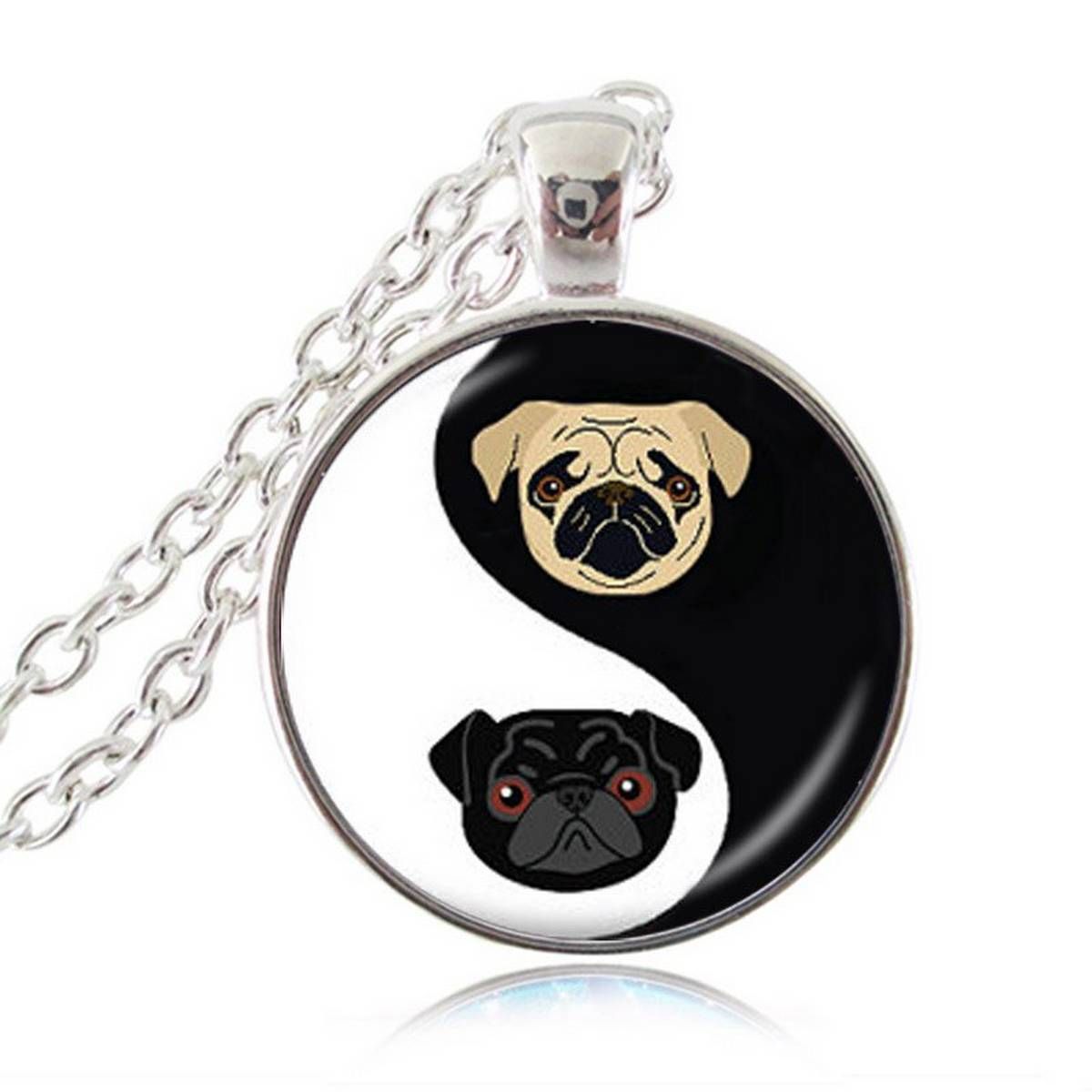 Yin Yang Pug Necklace Black and Tan Bulldog Pendant Dog Jewelry Gifts For Pug Lovers Rescue Jewellery, Glass Dome HZ1