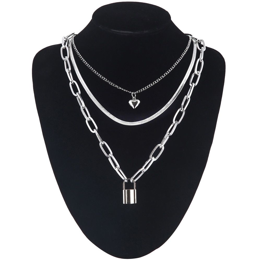 Layered Chain Necklace Cool Lock Goth  Grunge Style Fairy Core Choker 2000s Aesthetic Y2k E Girl Jewelry