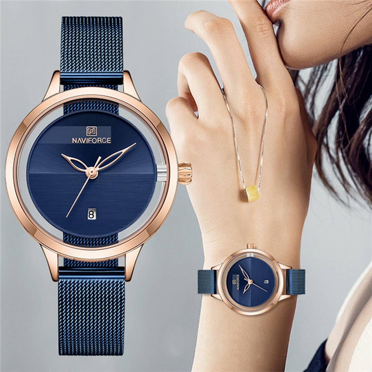 NAVIFORCE NF5014 Royal Blue Mesh Stainless Steel Analog Watch For Women - Rose Gold and Royal Blue