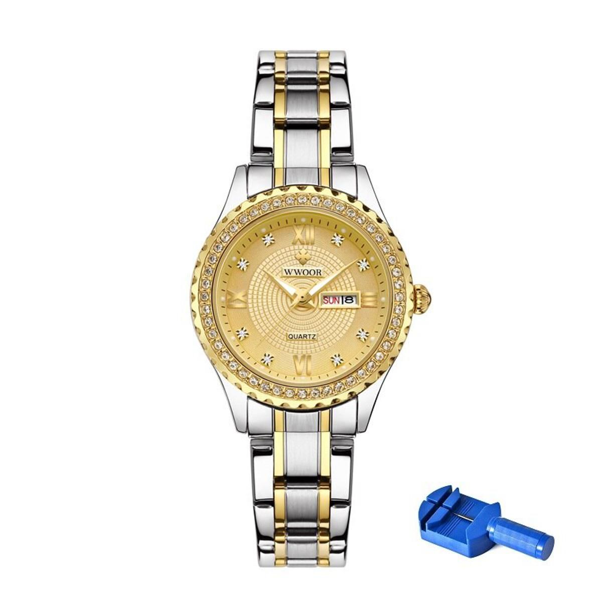 Watch Women WWOOR 8856 Women Watches Diamond Gold Date Week Waterproof Bracelet Casual Dress Quartz Ladies Wristwatches Dropship