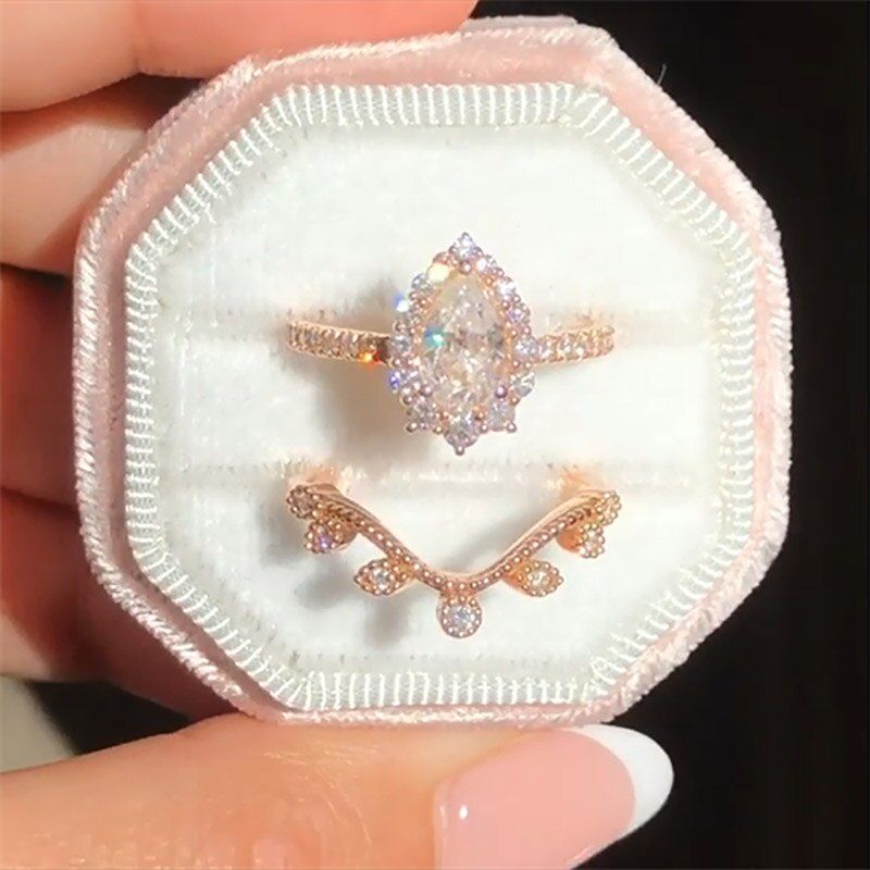 2pcs / set Vintage Oval Cut Natural Crystal Engagement Ring Set Anniversary Gift Women Wedding Banquet Party Jewelry Ring