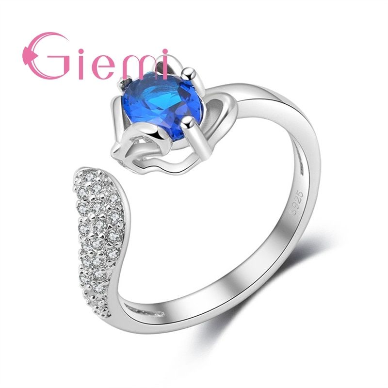 Lovely Sweet Fox Charms Rings for Women Girls Fine 925 Sterling Silver with Sparkling Cubic Zircon Stone Opening Resizable