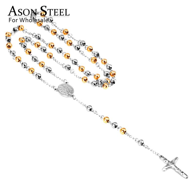 ASONSTEEL Long Beaded Chains Rosary Necklaces Stainless Steel Cross Pendant Necklaces Religion Accessories for Women/Men Friend