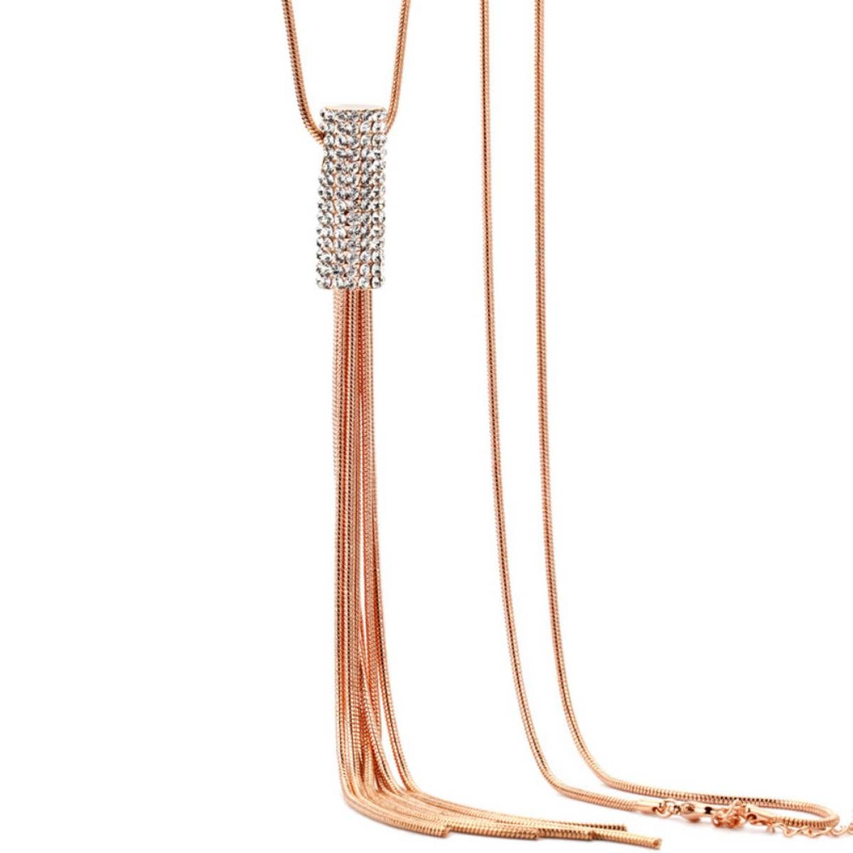 Women Full Cubic Zircon Cylinder Pendant Long Chain Tassel Sweater Necklace