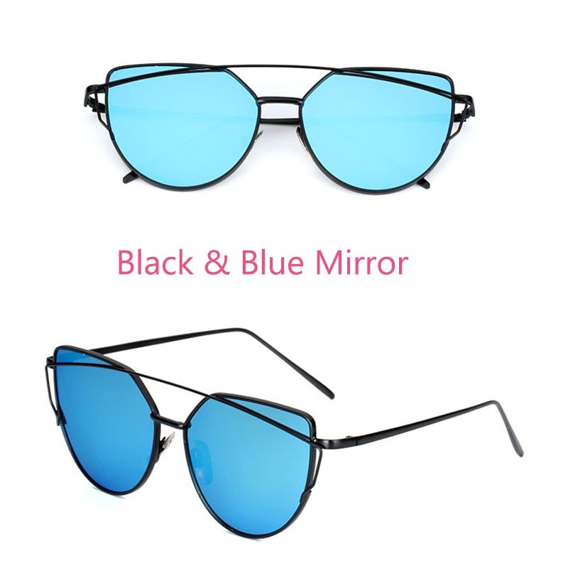 Black BlueVintage Cat Eye Sunglasses Women Brand Designer Sun Glasses Pink Rose Mirror Metal Frame Reflective Flat Lens Eyewear Oculos