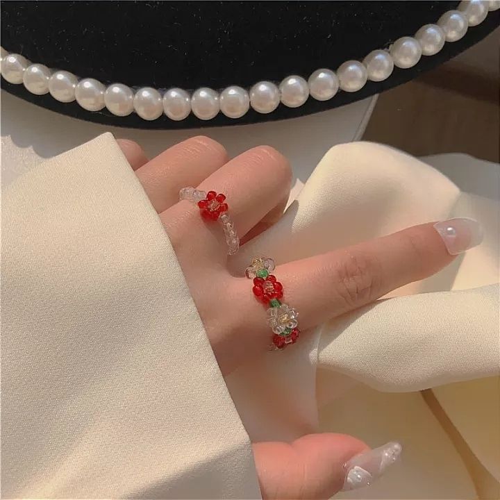 2 Pcs Crystal Daisy Flower Beaded Finger Rings For Girls -  Ring For Girls