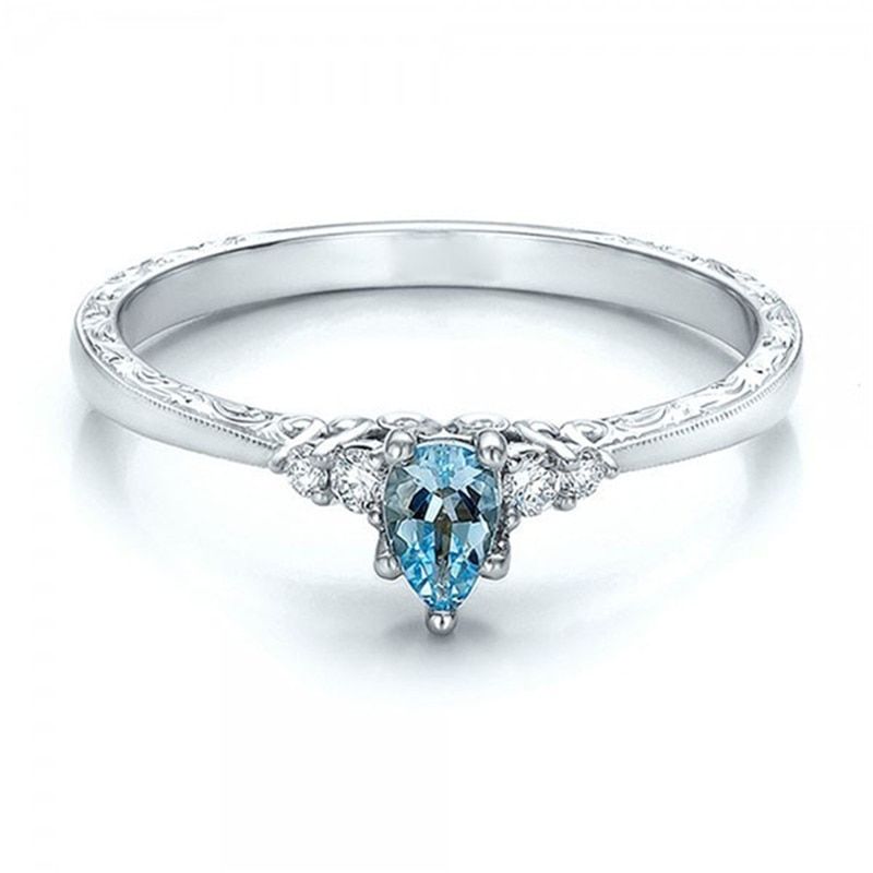 Fashion Women Drop Water Shaped Blue Zircon Rings With Rhinestone Wedding Engagement Elegant Ladies Rings Jewelry