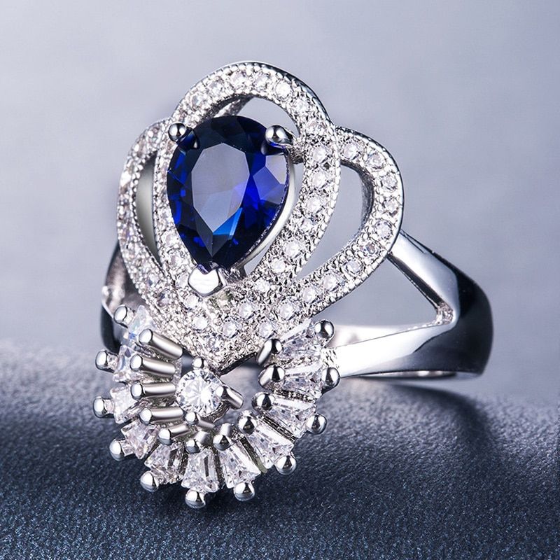 Huitan Elegant Cross Ring with Big Water Drop Rose Red/Blue CZ Stone for Women Wedding Party Gorgeous Ring Jewelry Delicate Gift