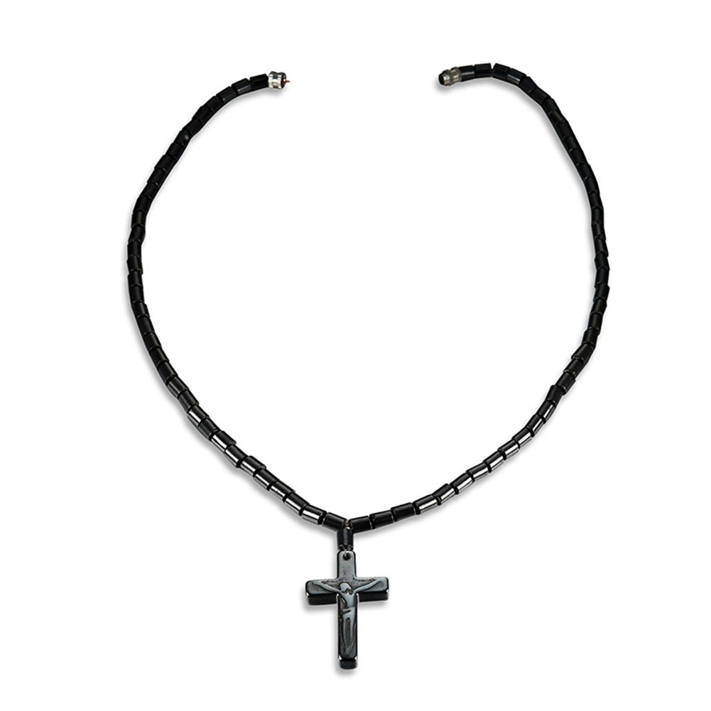 Fashion Men\'s Artificial Hematite Bead Cross Crucifix Jesus Pendant Neckle