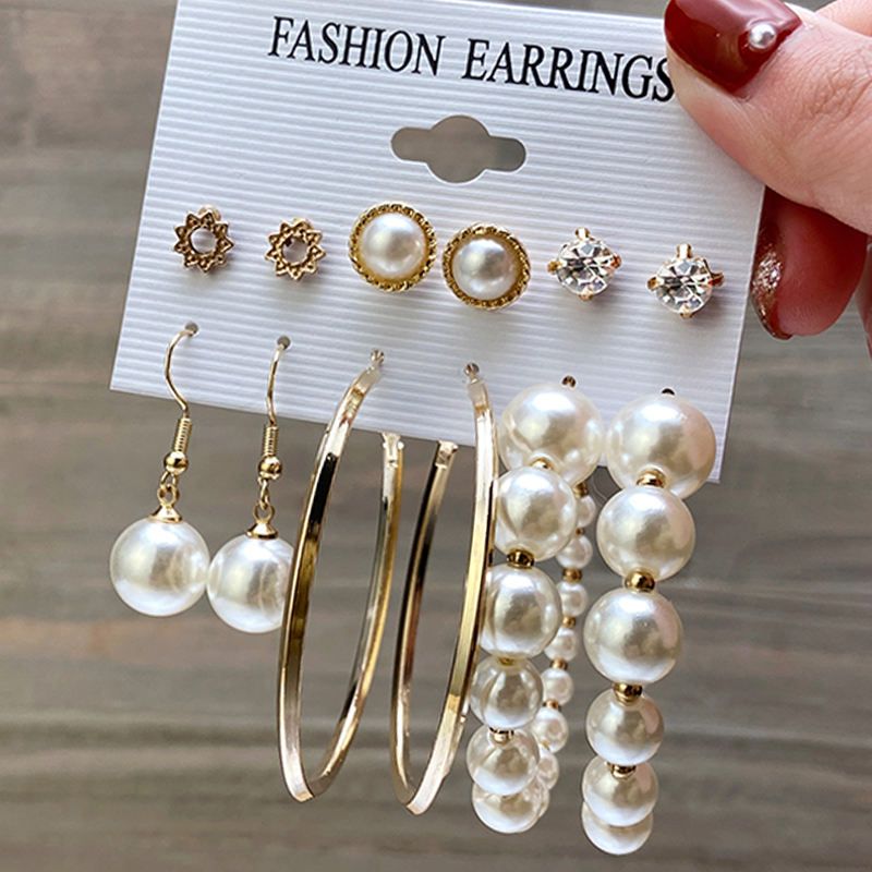 Trendy 6 Pairs = 12 Pcs Pearl Stud Earrings Set for Women - Earrings Set for Girls Simple Top - Big Geometric Pearl Rhinestones Stud Earring for Women Jewelry - Products from China