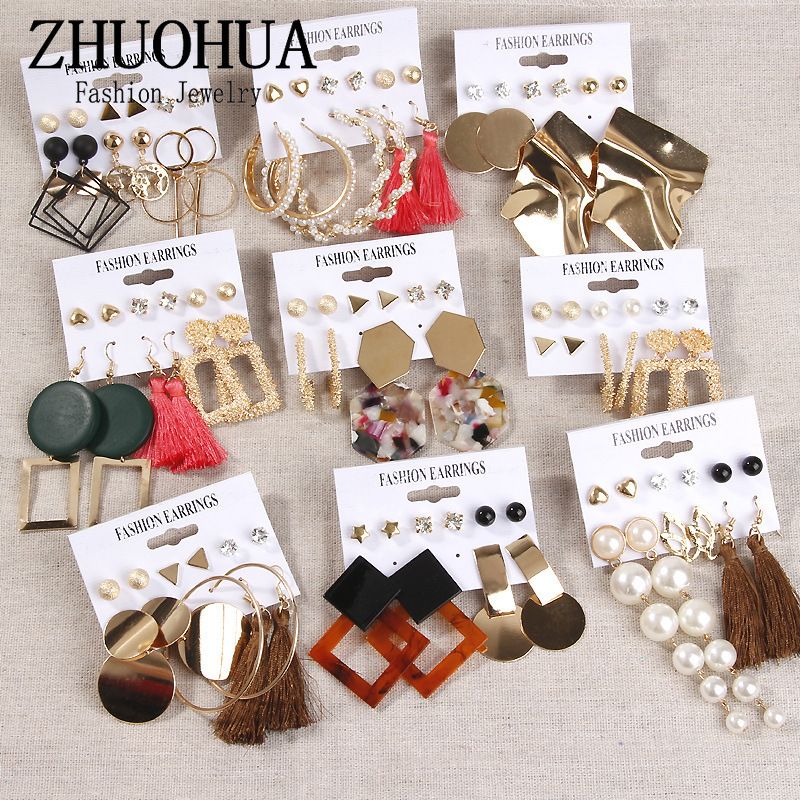 Bohemian Acrylic Pearl Earrings Set For Women Leopard Tassel Drop Earrings New Brincos Fashion Jewelry