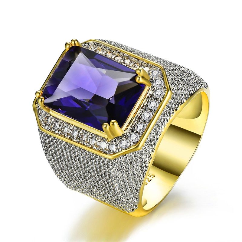 Fashion Big Male Purple Yellow Geometric Crystal White Zircon Stone Engagement Ring 18KT Large Wedding For Men