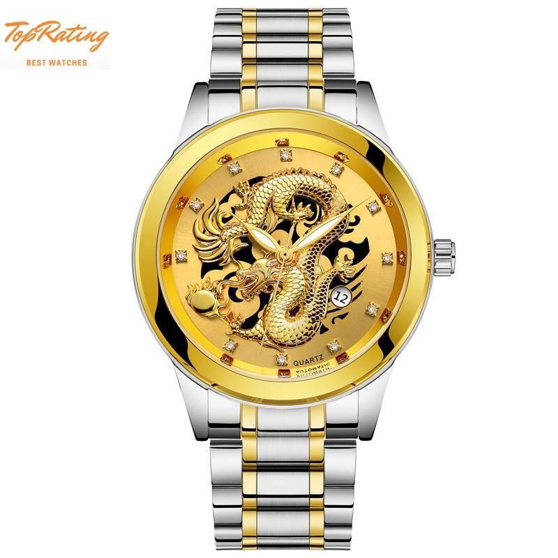 Quartz Wrist Watch Male Men Business Fashion Noctilucence Dragon Waterproof Leather Stainless Steel Strap Calendar Watch