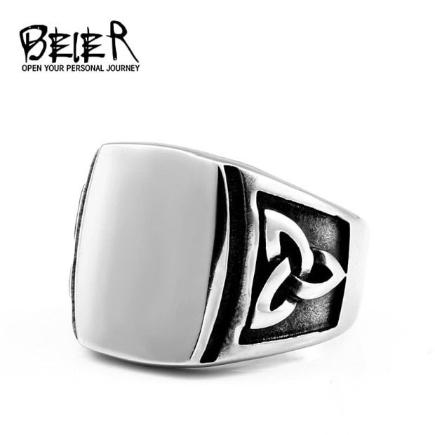 BEIER Punk Titanium Steel Ring for Men Jewelry Flat Black Stone Valknut Signet Ring Odin Symbol Norse Viking Biker Ring  BR8-037
