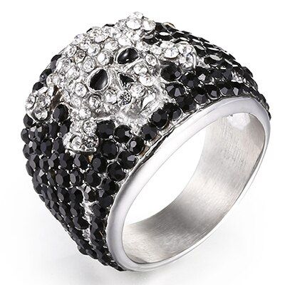 AMORUI Skull Cubic Zirconia Rings for Men Hiphop/Rock Star Croix Johnny Hallyday Stainless Steel Black and White Birthstone Ring
