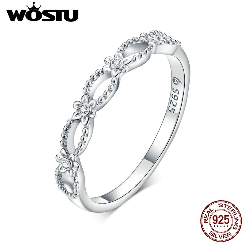 WOSTU Simple Women Crystal 925 Sterling Silver Rings For Wedding Engagement Jewelry Accessory Fine Rhinestone Gift