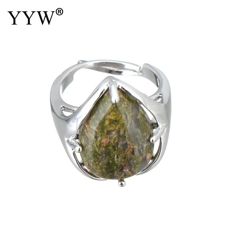 YYW Teardrop Natural Gems Stone Malachite Tiger Eye Sea Opal Amethysts #7 Midi Finger Ring Adjustable Full Rings for Woman Male
