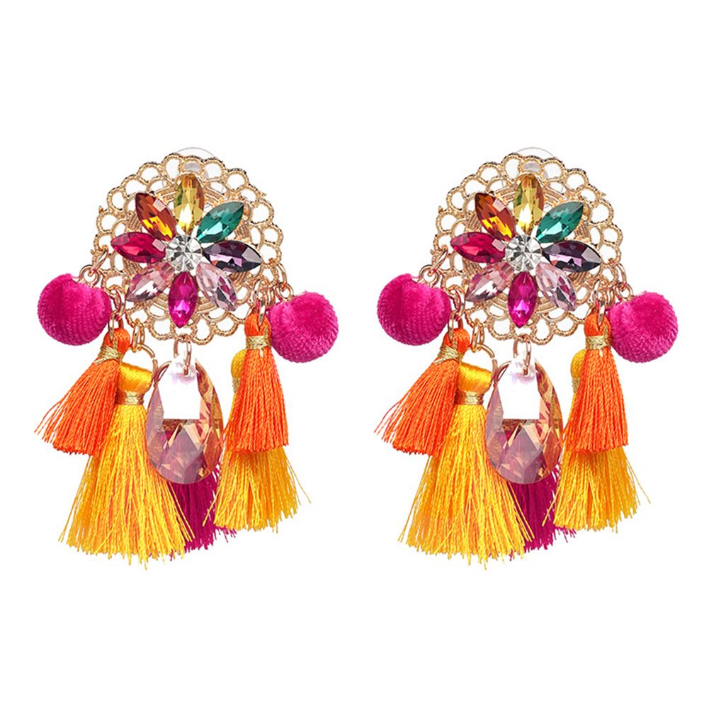 Boho Women Rhinestone Tassel Pompom Dangle Stud Earrings Long Statement Jewelry