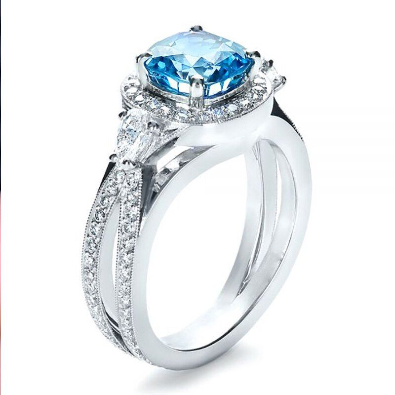 Huitan Nobile 4 Prong Setting Square Blue Stone Finger Rings for Women Hollow-out Cross Band Design Ethnic Wedding Party Ring