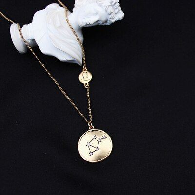 SRCOI New Style 12 Constellation Disc Coin Necklace Fashion Retro Golden Round Simple Temperament Horoscope Clavicle Necklace