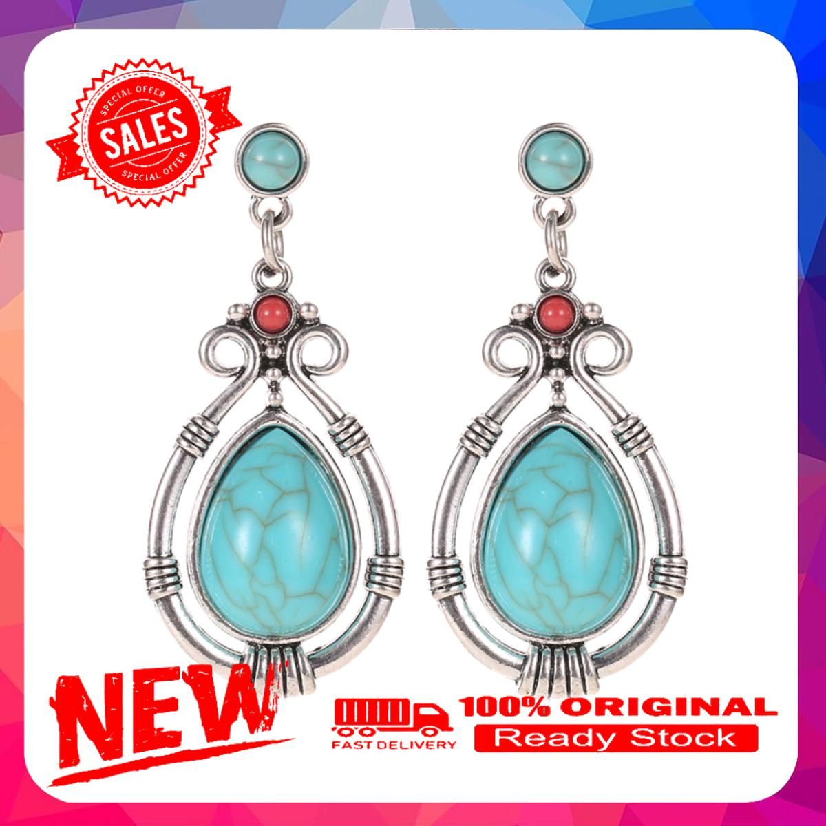 Vintage Women Water Drop Faux Turquoise Dangle Ear Stud Earrings Jewelry Gift