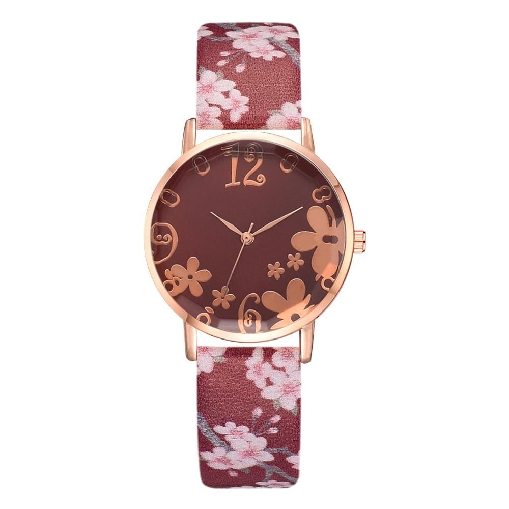 Girl Leather Watches For Women Fashion Embossed Flowers all Fresh Printed Belt Dial Watch Female Student Quartz Watch Relogio
