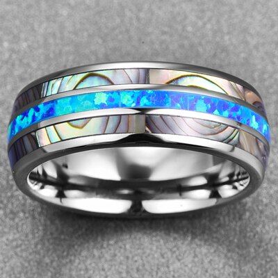 Nuncad 8mm Blue Opal Tungsten Carbide Rings Inlaid Natural Shells Anniversary Party Jewelry Gift Silver Color Rings Dropshipping