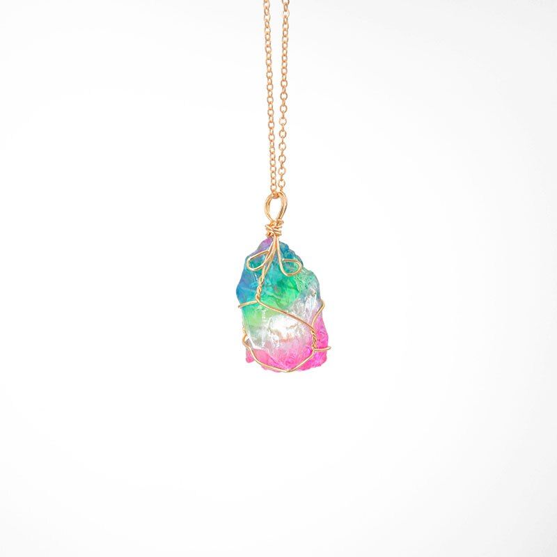 Rainbow Natural Stone Pendant Necklace Fashion Crystal Rock Necklace Gold Color Chain Quartz Long Necklace Women Gift