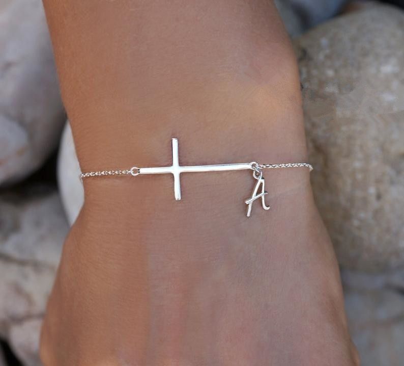 Sideways Cross Bracelet with Dainty Initial - Initial Bracelet In Silver Plated