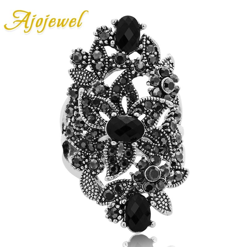 Ajojewel Black Crystal Rhinestone Flower Jewelry Vintage Retro Ring Woman Big Rings Ringen