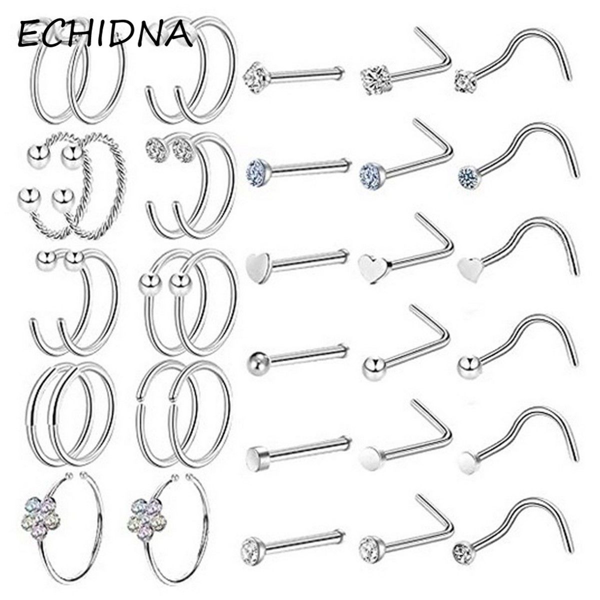 36Pcs Unisex C Rhinestone Ring Stud Body Piercing Kit Jewelry Gift