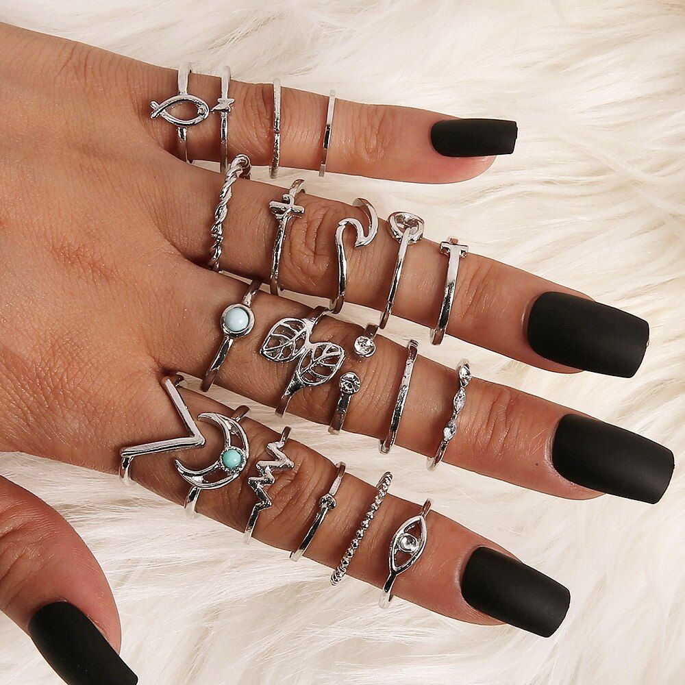 20 Pcs/set Vintage Silver Color Cross Elephant Crystal Ring for Woman Retro Moon Stat Eye Geometric Heart Leaf Ring Set Jewelry