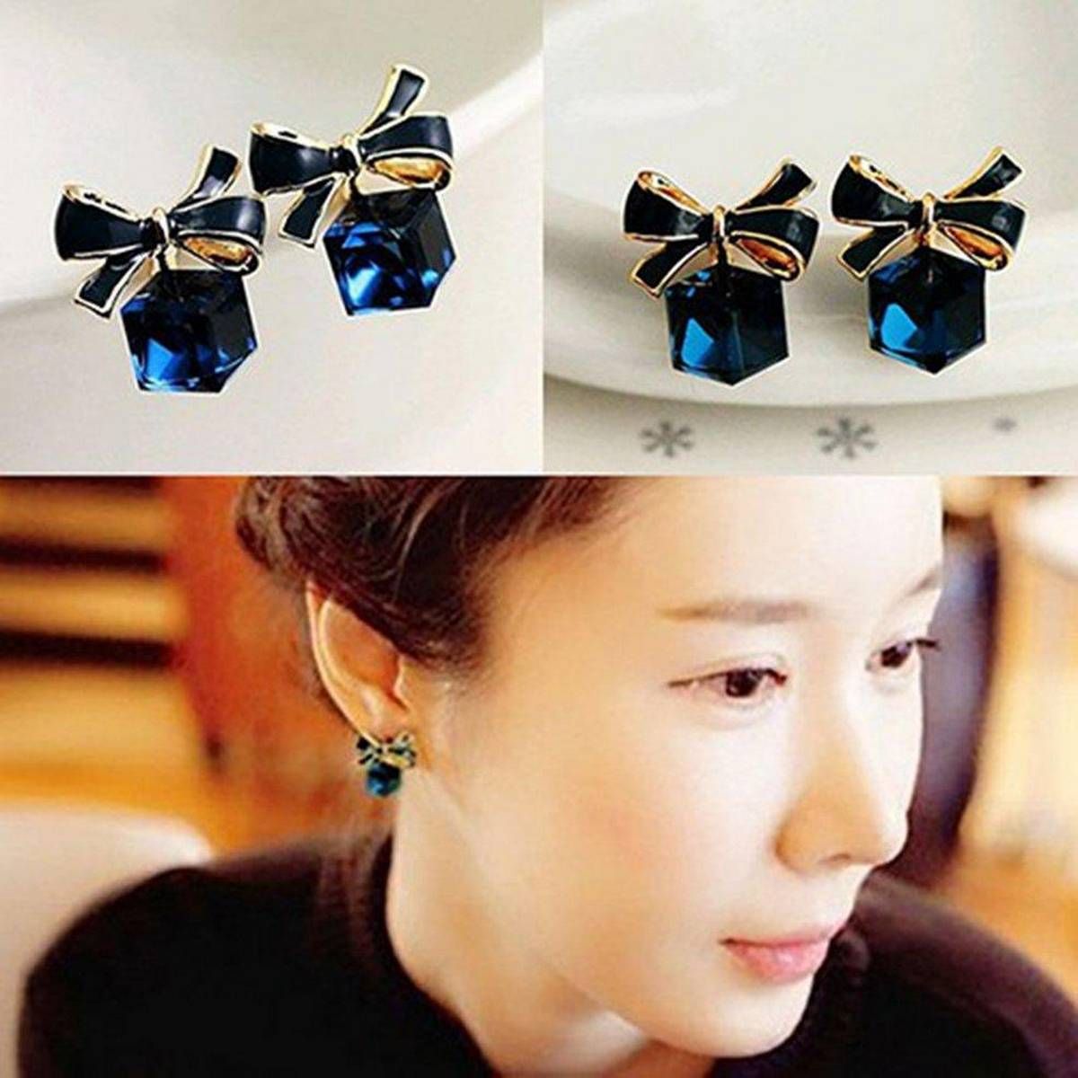 HA Women Anti-Allergy Earrings Ladies All Match Clothes Bowknot Crystal Ear Studs
