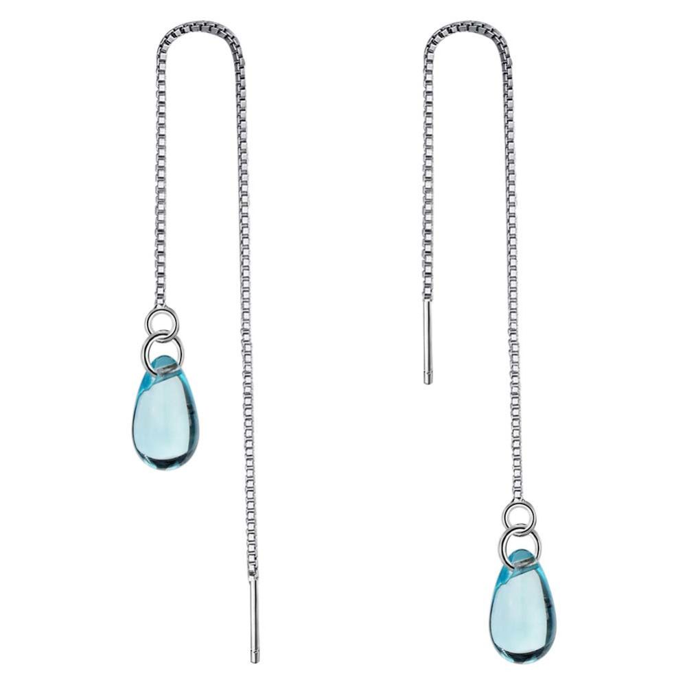 Women Water Drop Faux Sapphire Long Tassel Ear Line Threader Earrings Jewelry