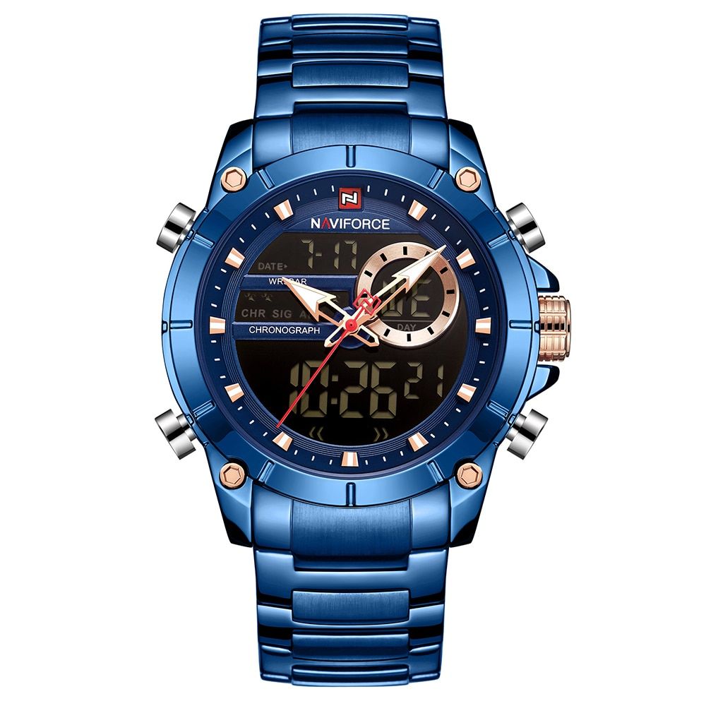NAVIFORCE 9163 Men Watch Stainless Steel Strap Digital Wristwatch Quartz Waterproof Sport Watch