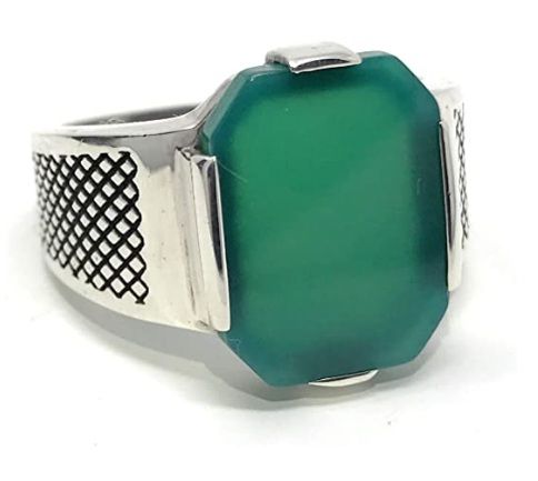 925k Sterling Silver Green Agate Aqeeq Elegant and Plain Ring
