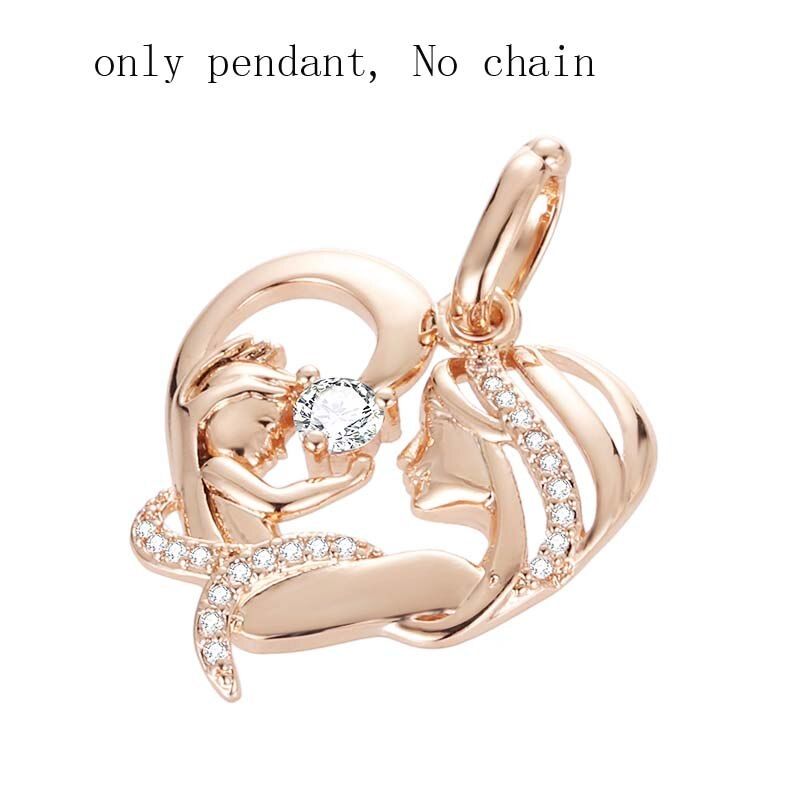 FJ Women Femme 585 Rose Gold Color Mother Baby Shaped Cubic Zircon Pendant Heart Pendant Gift + Optioanl Necklace Chains Jewelry